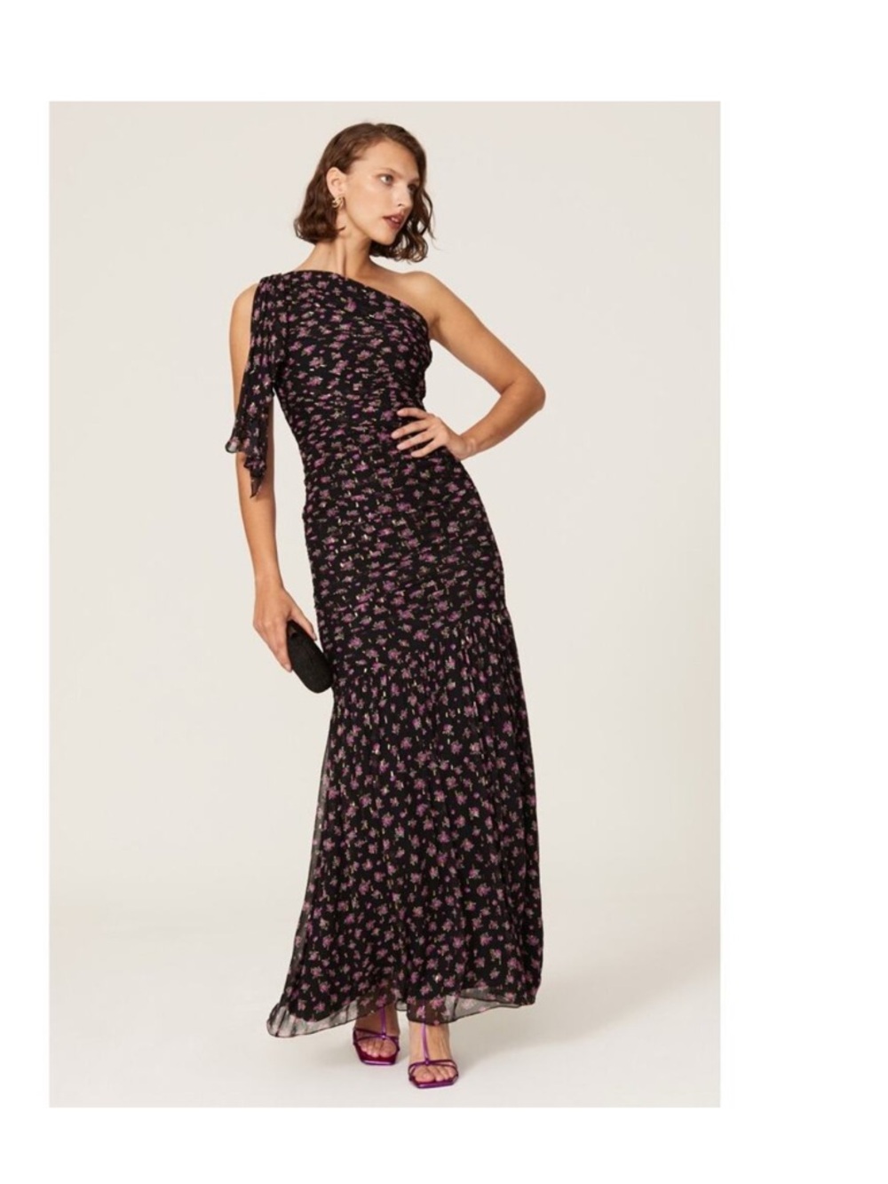 SHOSHANNA Vivine Tossed Rose Black Chiffon A-Line One Shoulder Gown Size 8